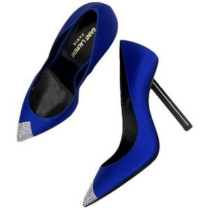 Saint Laurent Tower Crystal Pumps in Royal Blue Satin